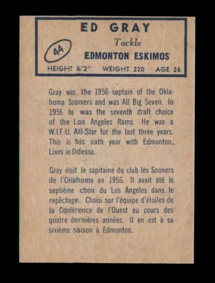 1962 Topps CFL #44 Ed Gray EXMT/EXMT+ X3572929 - Image 2 of 3