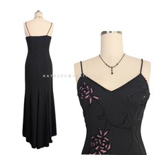 Y2K Betsy Adam Prom Dress Maxi Gown 10 Black Pink Floral Fairy Goth Glam