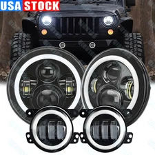Halo DRL 7" LED Headlights 4" Fog Lights Combo Kit For Jeep Wrangler JK JKU