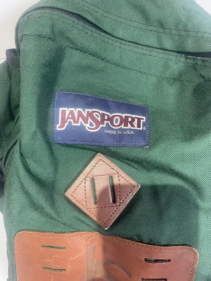 Mochila de Colección JanSport Parte Inferior de Cuero Verde Hecha en EE. UU. Mochila Senderismo Lona Foto 3 de 4