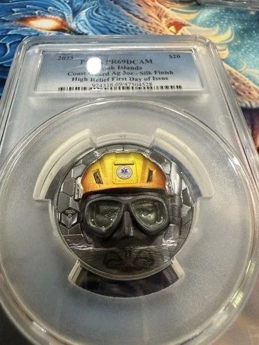 PCGS PR69DCAM Cook Islands Coast Guard Ag 3oz-Silk Finish HR First Day of Issue