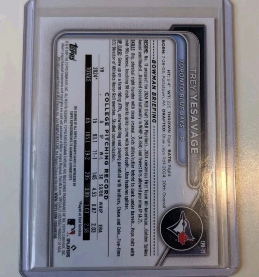 2024 Topps Chrome 1st Bowman Trey Yesavage Autograph #CPA-TY Blue Jays - Image 2 of 2