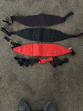 Lot of 3 Cummerbund  bowties Red black  red stripe two pair of suspenders.