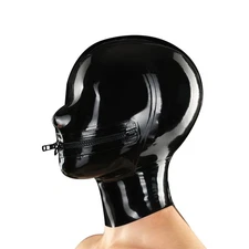 Mouth Zipper Latex Hood Only Nostrils Rubber Mask for Fetish BDSM Clubwear 0.4mm