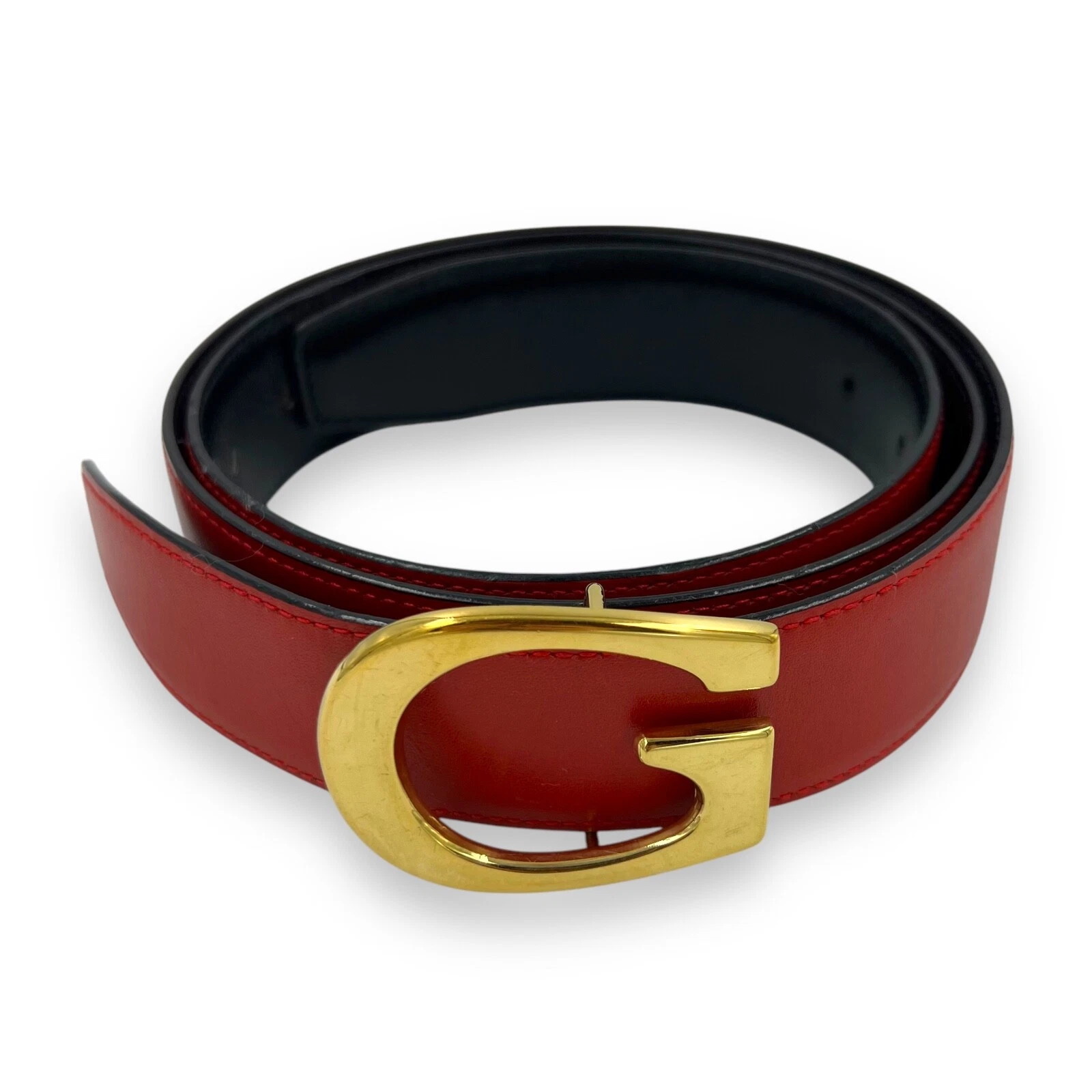 GUCCI Vintage 90s Reversible Red Black Leather Gold GG Logo Belt Sz 95 38 S M