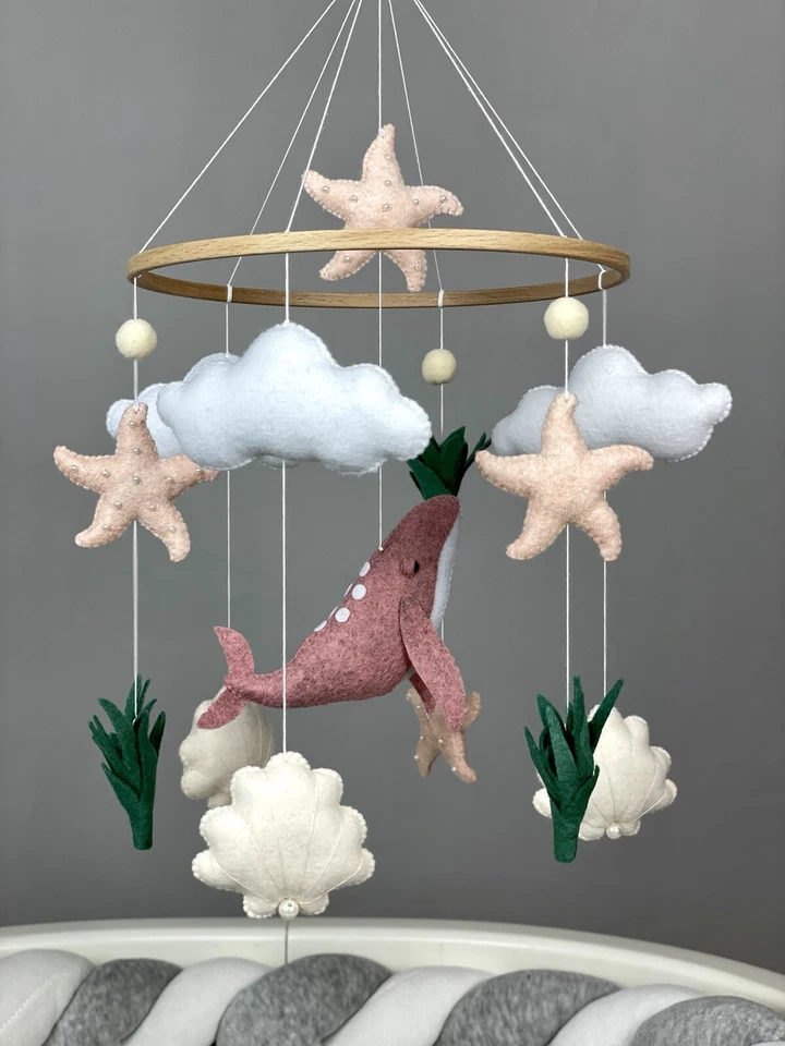 Berço móvel bebê baleia menina oceano móvel berçário náutico móvel concha do mar - Imagem 3 de 4