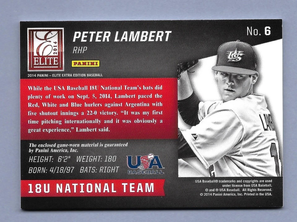 PETER LAMBERT 2014 Elite Extra USA Baseball Game Jersey GU MEM Rookie - Image 2 of 2