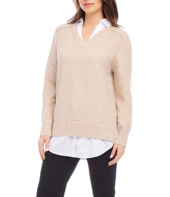 Karen Kane Mock Layered Twinset Sweater Women's Plus Size 3X Beige V-Neck 