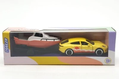 Majorette Lamborghini Urus Yellow with Red Speed Boat Trailer 1/64 (3") in Box - Image 1 of 4