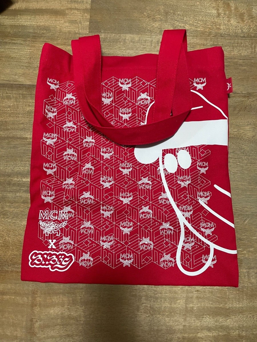 Authentic MCM Red White Visetos Monogram Cloth Shoulder Tote Bag