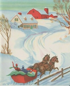 SLEIGH RIDE   SNOWY LANE HOUSE FARM SCENE VINTAGE UNUSED CHRISTMAS GREETING CARD