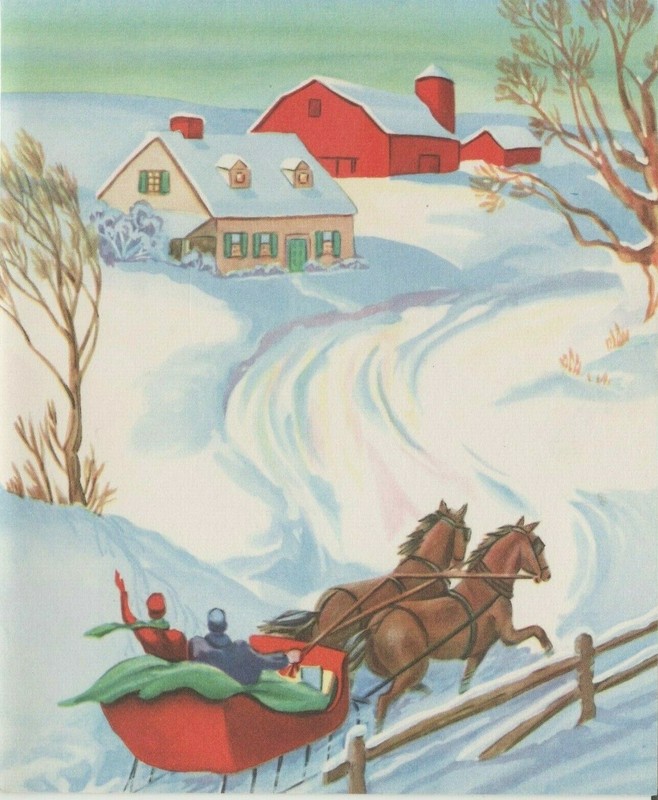 SLEIGH RIDE   SNOWY LANE HOUSE FARM SCENE VINTAGE UNUSED CHRISTMAS GREETING CARD