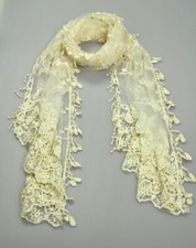 W12 Gentle Cotton Yarn Lady Party Long Scarf Shawl Embroidery Floral Lace Beige