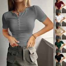 Women's Summer Top Short Sleeve Button Ribbed Slim Fit Knit Top