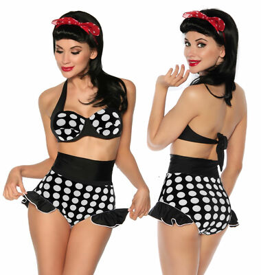 Vintage Push-Up Bikini Rockabilly höhe Taille schwarz weiß Polka Dots Samegame