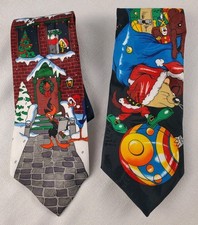 Lot of 2 1996 Looney Tunes Mania Christmas Ties Taz Santa Bugs Bunny Polyester