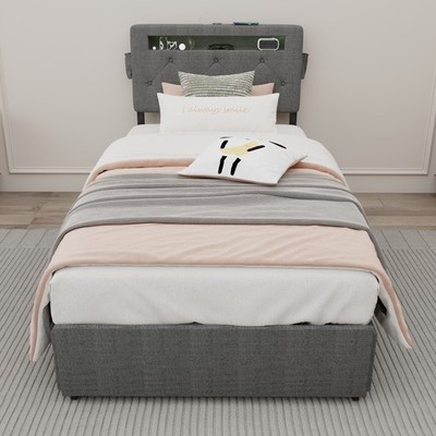 Twin Size Bed Frame w/USB Charging Station & LED Lights Modern Bed w/4 Drawers
