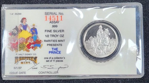 Proof Silver 1987 The Prince Snow White 50th Anniversary 1/2 oz in Holder