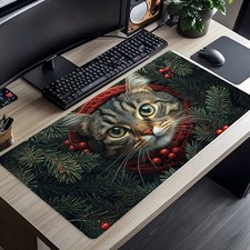 40 90cm Large Mouse Pad with Cute Gray Cat in Red Scarf  Green Leaves Design -