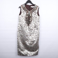 Carolina Herrera Silver Metallic Floral Laser Cut Jewel Embellished Shift Dress