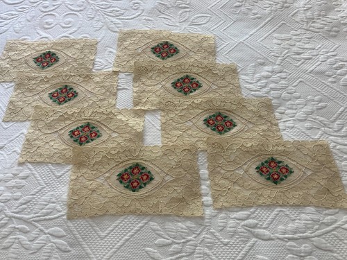 Eight Vintage Alencon Lace Cocktail Coasters with Embroidered Roses NOS