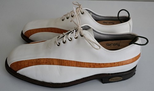 Footjoy Classics Dry Premiere Herren Golfschuhe weiß bernsteinfarbene Streifen 10D hergestellt in den USA - Bild 4 von 13