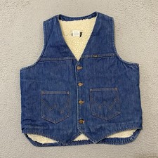 Vtg Wrangler Vest Mens L Blue Denim Sherpa Lined No Fault Denim Made In USA