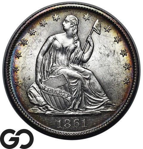 1861-O Seated Liberty Half Dollar Choice Gem BU++, Beautiful Peripheral Toning