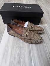 Coach Haley Signature Jacquard Loafers Women  s 6B Khaki Mahogany FG3109 Horsebit