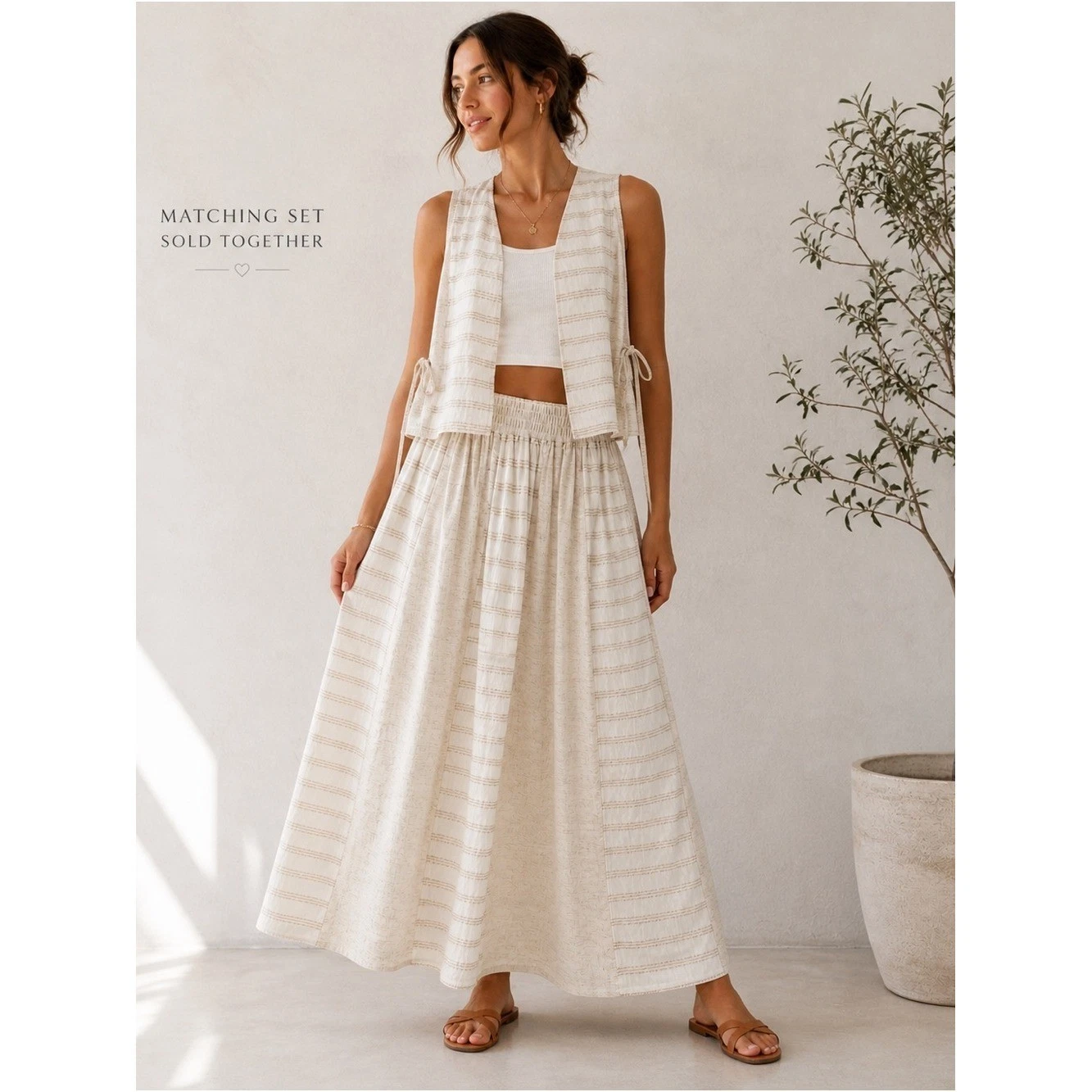 Linen Blend Matching Set Vest/Maxi Skirt Made in USA-Boho-Neutral-Striped Medium