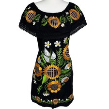 Medium Black Off Shoulder Embroidered Yellow Sunflower Dress Mexico Hecho a Mano