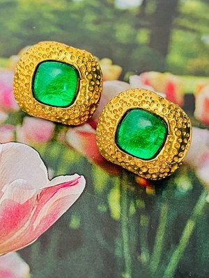 Yves Saint Laurent YSL Rive Gauche Vintage Emerald Cabochon Square Earrings