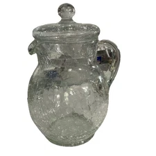 Vintage Clear Glass Crackle 64 Oz Jug Pitcher With Lid UV Reactive Green Glow