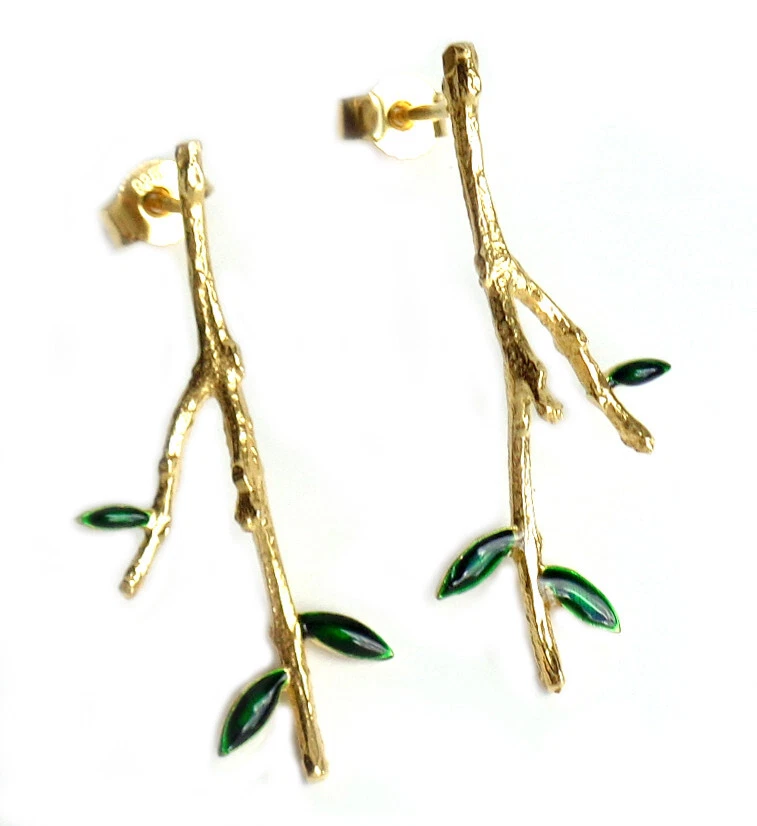 florale Ohrstecker 925er Silber vergoldet + grüner Emaille  +Geschenkbox SK-93