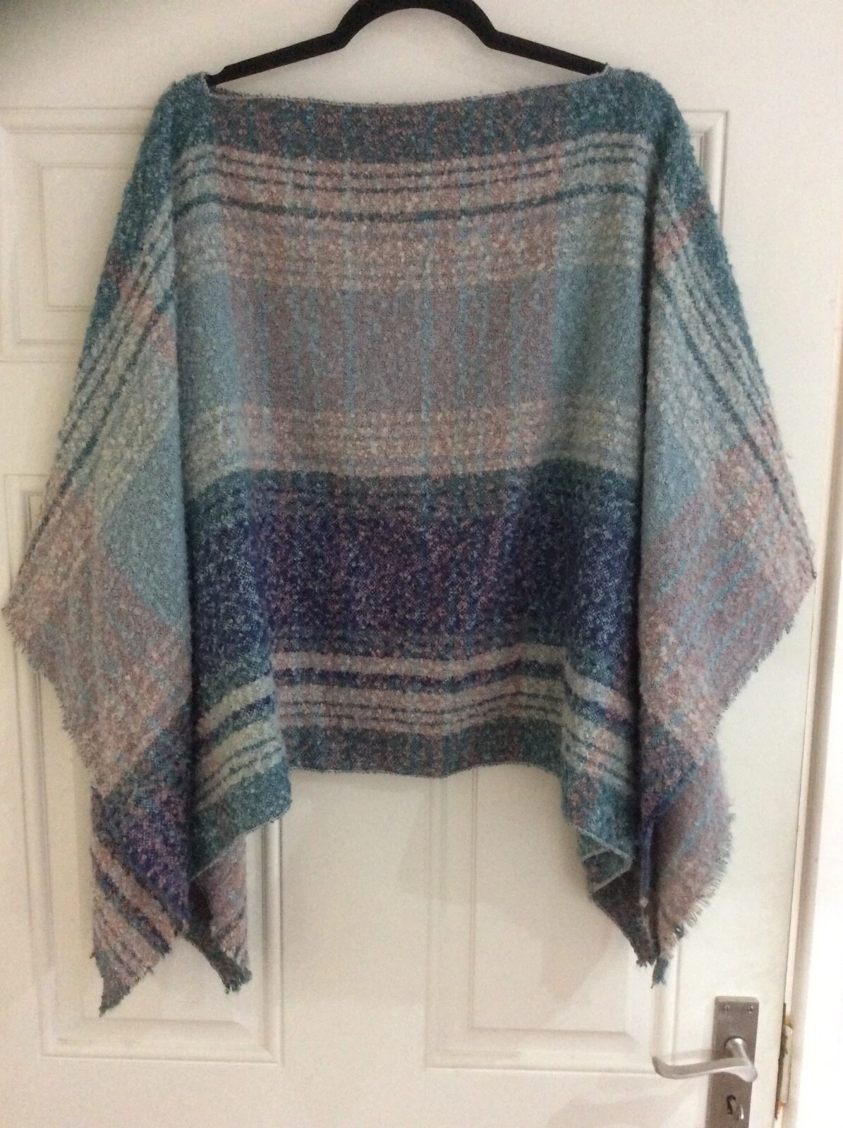 New Powder Lagenlook Green Striped Fringe Poncho - One Size