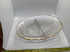Vintage Oval Gold Rim Trim Ribbed Cut Glass Relish Tray Candy Dish 2 Partition