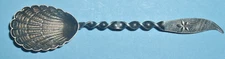 Antique STERLING SUGAR SHELL 4 1/4" Demitasse SPOON TWISTED Handle Flower Finial