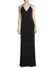 ALICE + OLIVIA PLUNGING NECKLINE MAXI DRESS WITH SHEER INSET, BLACK, SIZE 6