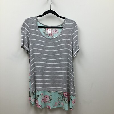 Pink Coconut Boutique Shirt Small Gray White Striped Floral Tunic Top Womens
