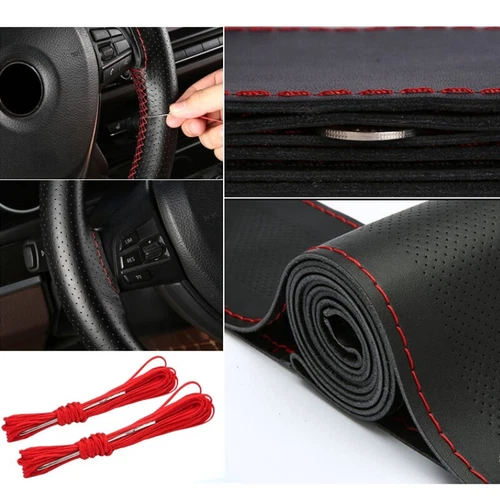 DIY Genuine Leather Car Steering Wheel Cover with Needles Thread Stitch Wrap - Picture 5 of 18