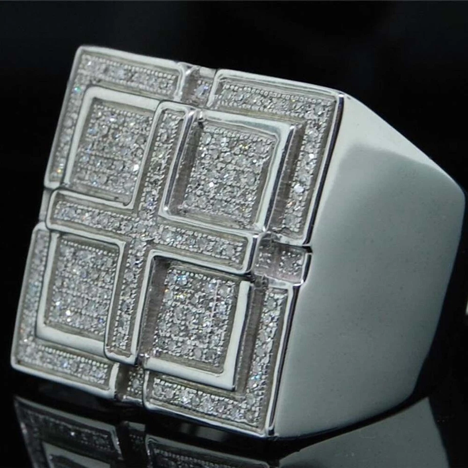 Anillo para hombre 0,60 ctw brillante moissanita enchapado en oro blanco 14K cuadrado meñique pavé Foto 3 de 4