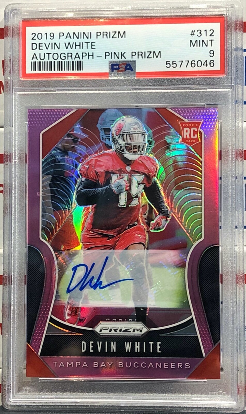 2019 PANINI PRIZM DEVIN WHITE, #312, AUTO, ROOKIE, PINK PRIZM, GRADED PSA MINT 9