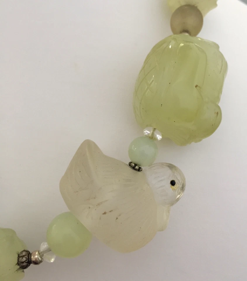 Vintage AMY KAHN RUSSELL Bowenite & Rock Crystal Necklace Sterling Monkey Ducks - Image 4 of 4