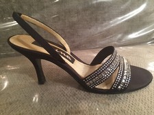 NINA SZ 7.5 Veitri-LS Black Luster SATIN RHINESTONE Slingback STRAPPY HEELS