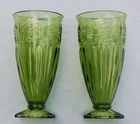 Pair of Footed Tumblers, 12 oz ~ DAISY GREEN, Avocado ~ Indiana Glass ~ Vintage