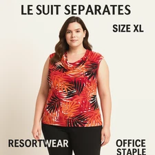 Le Suit Separates Woman's Top Sz XL Cowl Neck Tropical Sleeveless Career Office