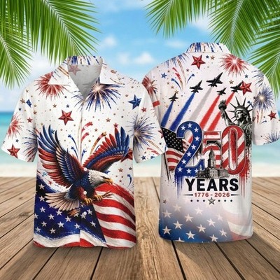 America 250 Years Hawaiian Shirt, 1776-2026 Patriotic Bald Eagle USA Flag Aloha