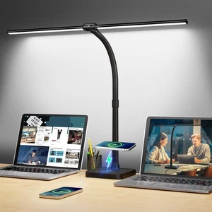 LED Desk Lamp for Home Office, 24W Double Head Desk Light with Wireless Charg...