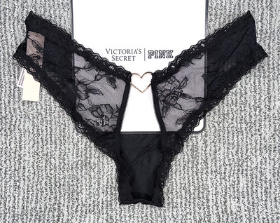 Victorias Secret VerySexy NWT Medium Black Lace Heart Hardware Open Cheeky Panty