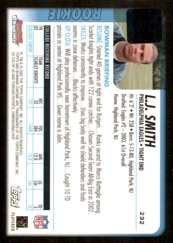 2003 Bowman Chrome #232 L.J. Smith AUTO C RC - Image 2 of 2